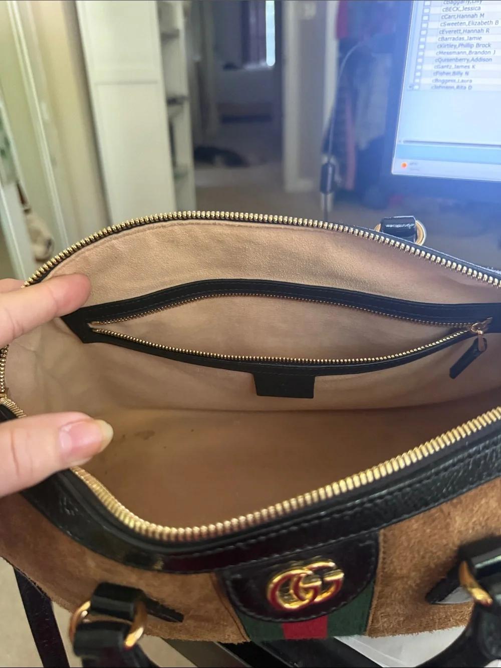 Gucci Brown Suede Top-Handle Bag with Black Trim and Green-Red Web